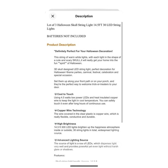 Halloween Skull String Light 14.5ft 30 LED String Light Lot of 3 yellow light - Picture 7 of 8